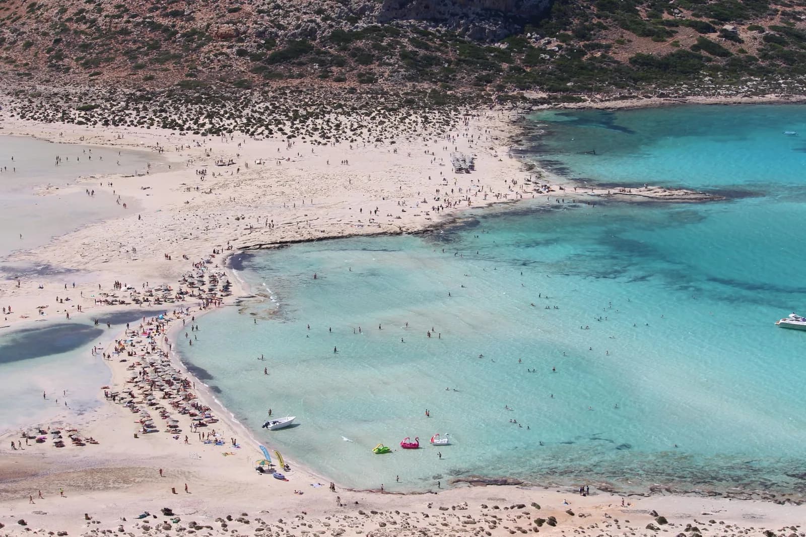 The sandbar and turquoise lagoon at Balos, on the north-west tip of Crete, seen from the path above