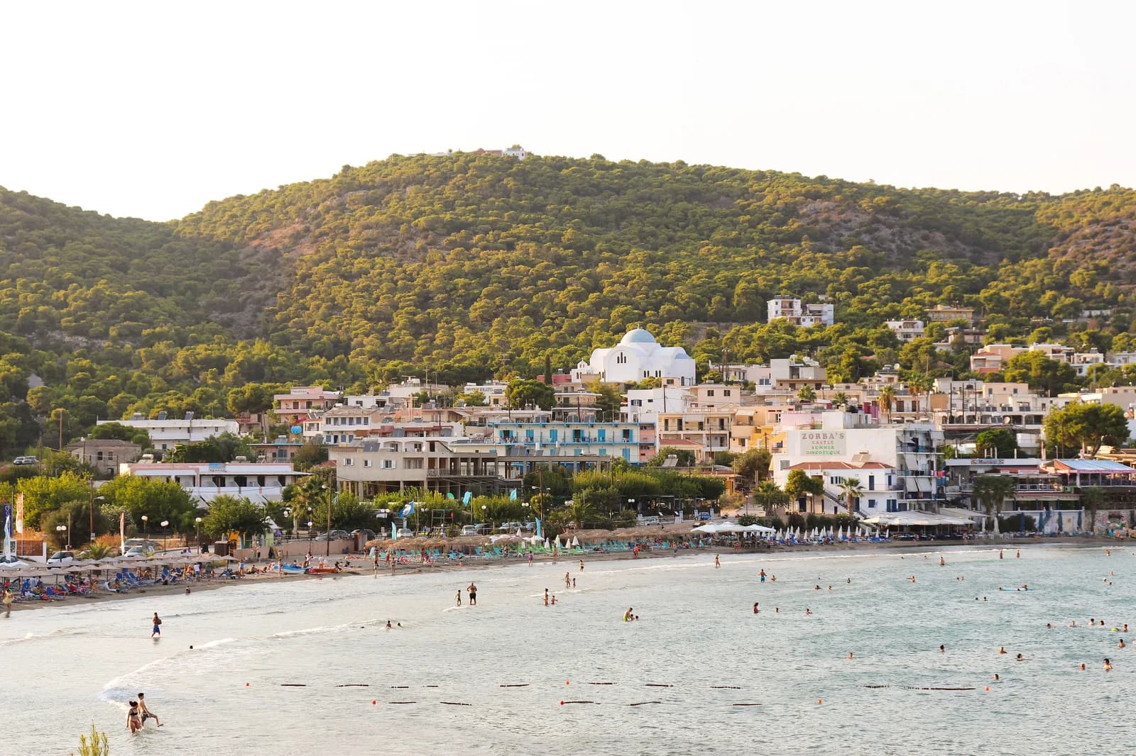 Agia Marina beach and seaside village on the east coast of Aegina, seen from above