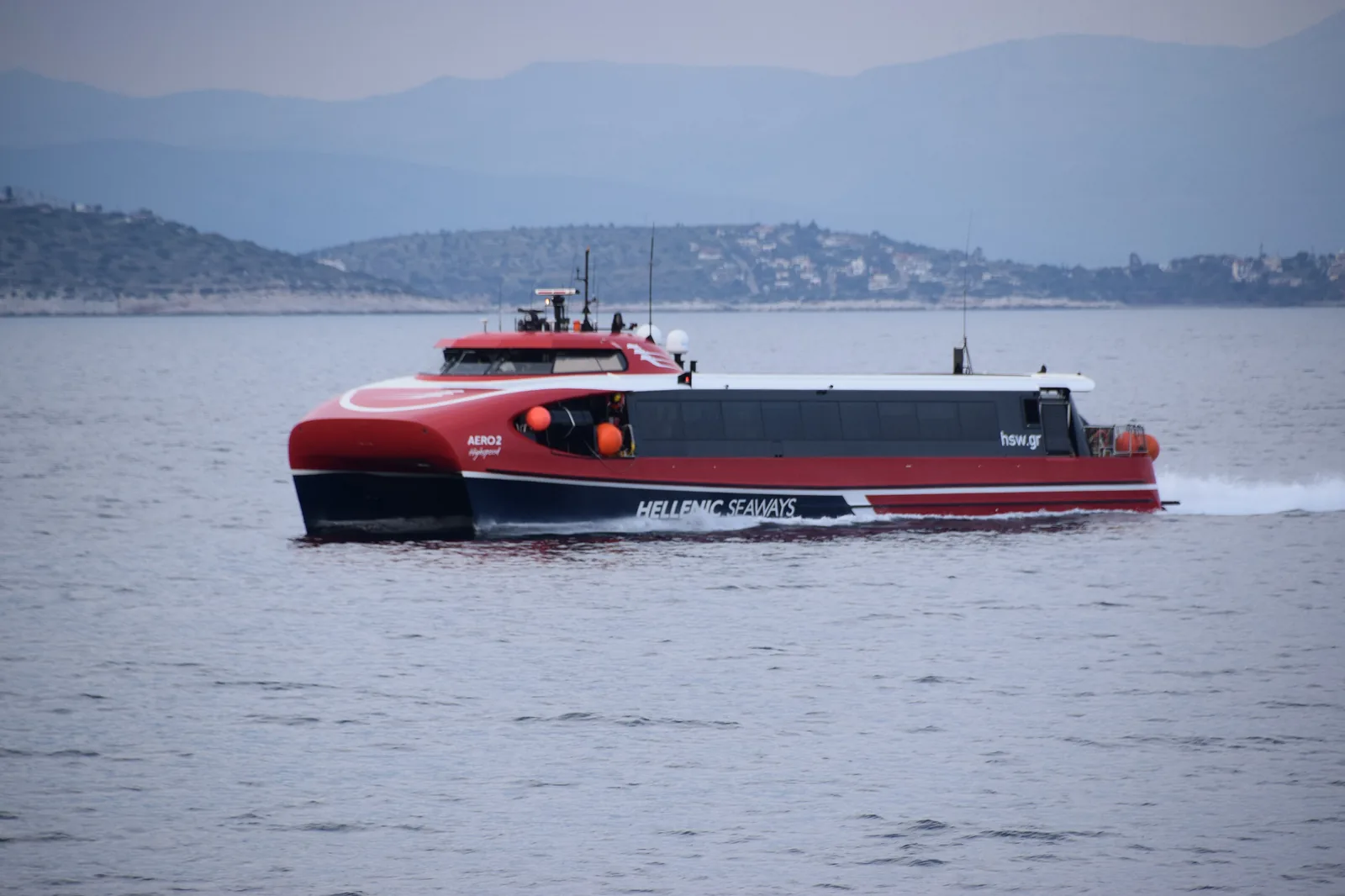 Hellenic Seaways Aero high-speed catamaran crossing the Saronic Gulf near Aegina