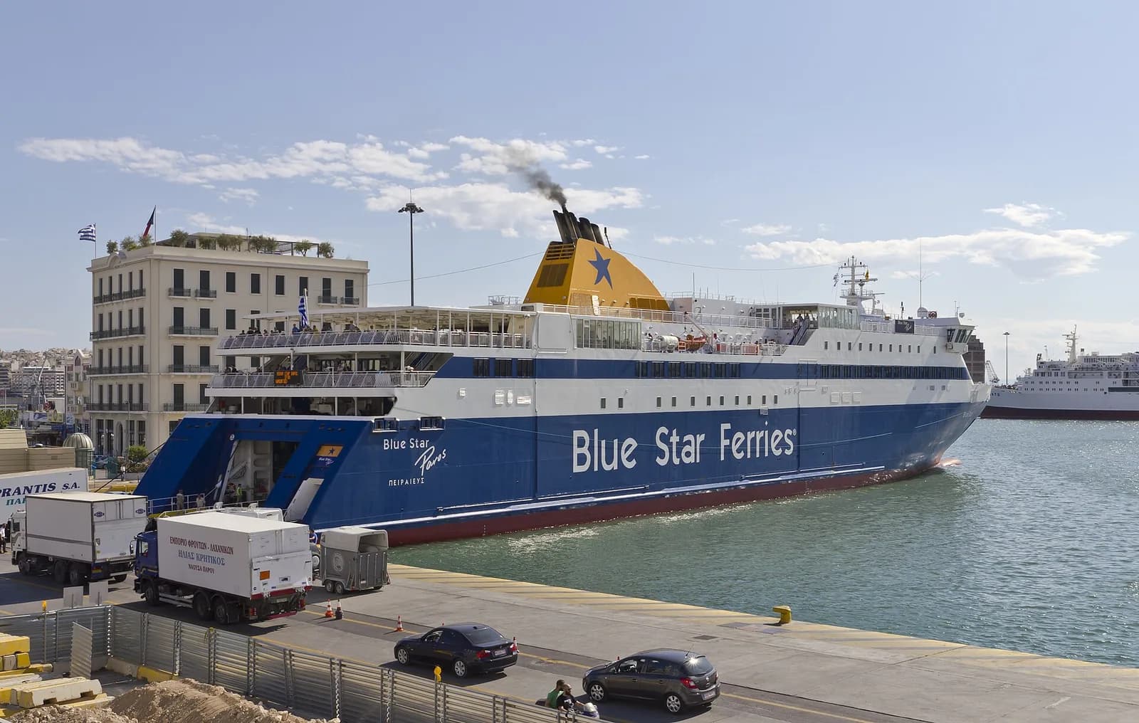 A ferry moored at a quay in the port of Piraeus, Athens