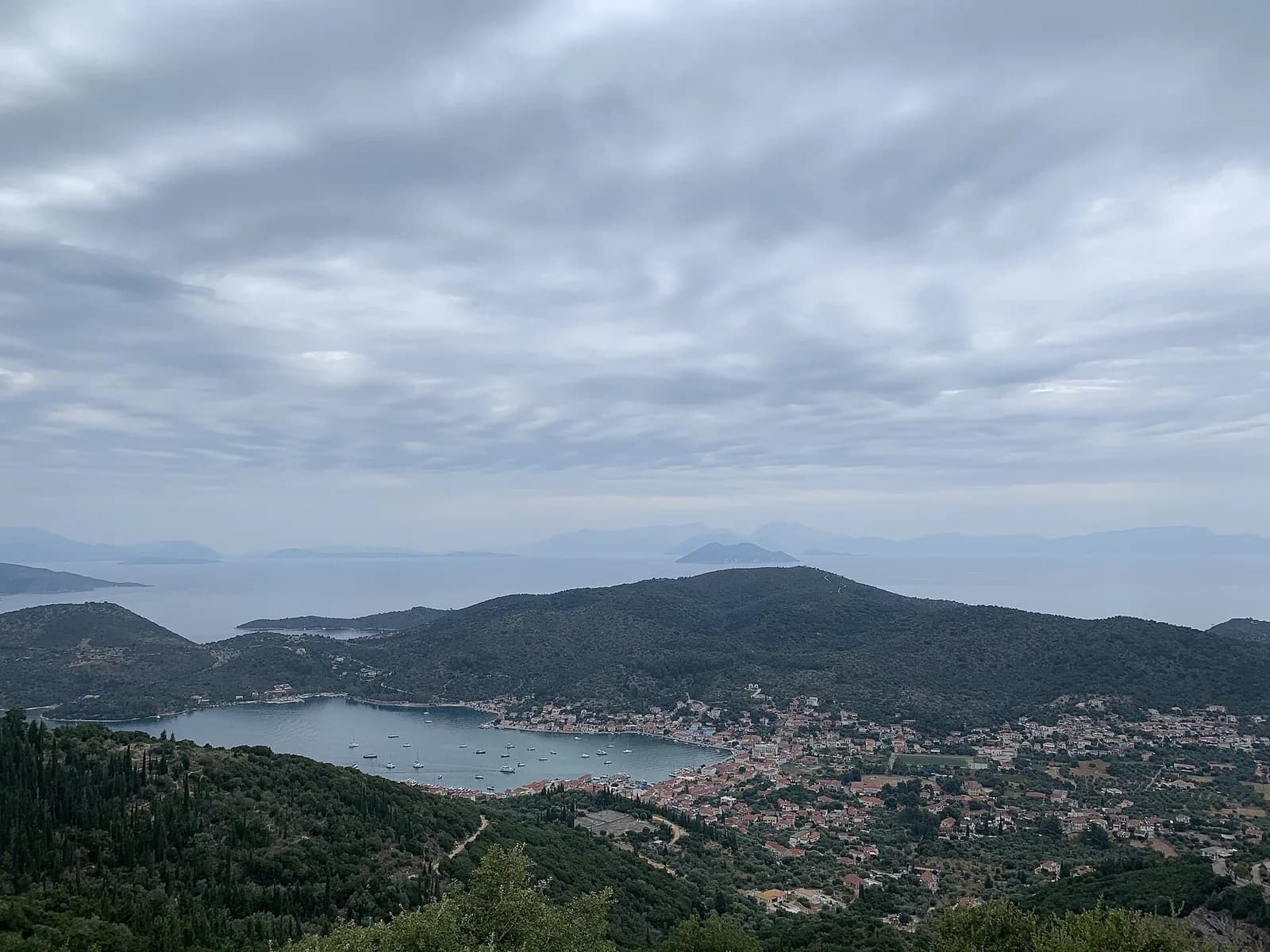 Deep bay of Vathy, the capital of Ithaca, seen from the hills above Palaiochora