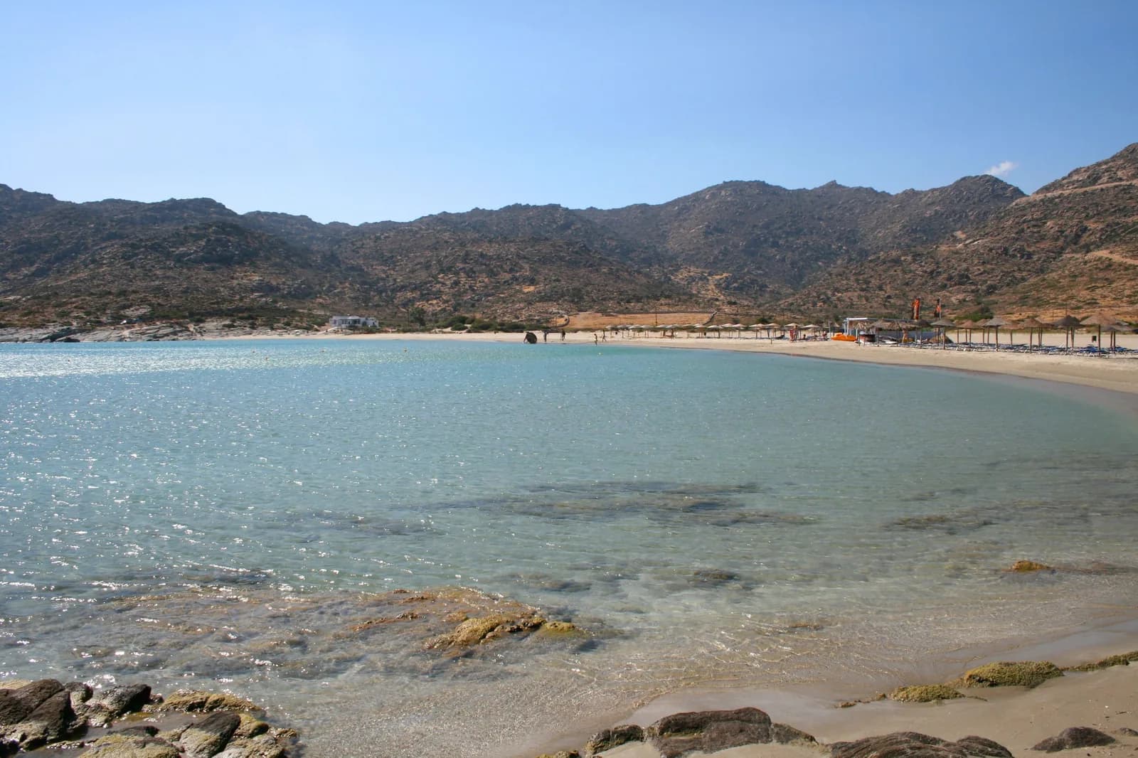 Manganari beach on the south coast of Ios: shallow, clear turquoise water over pale sand, a curve of umbrellas along the beach and bare brown hills behind