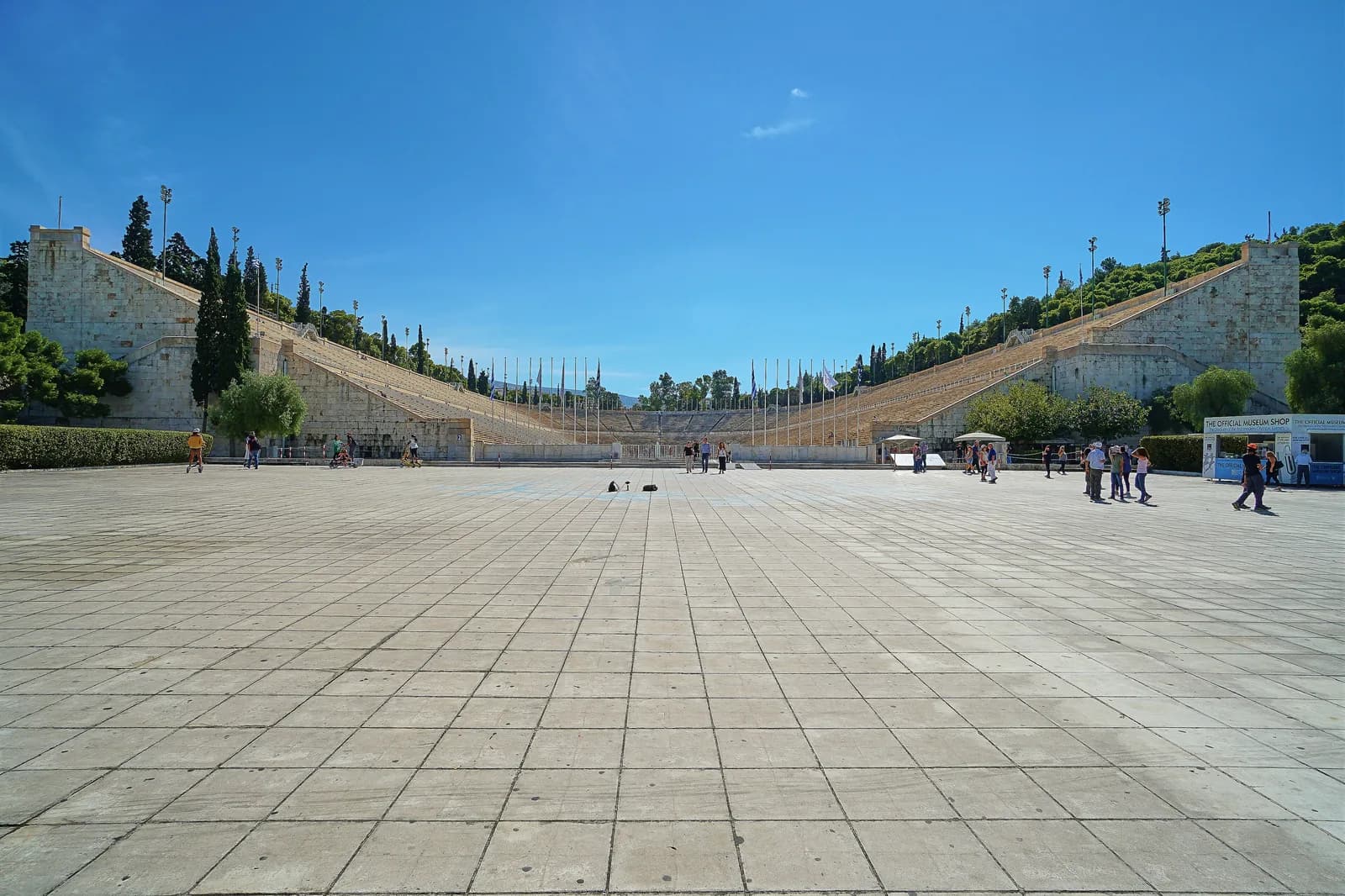 The marble Panathenaic Stadium, the Kallimarmaro, seen from its paved forecourt on the edge of Pangrati, Athens
