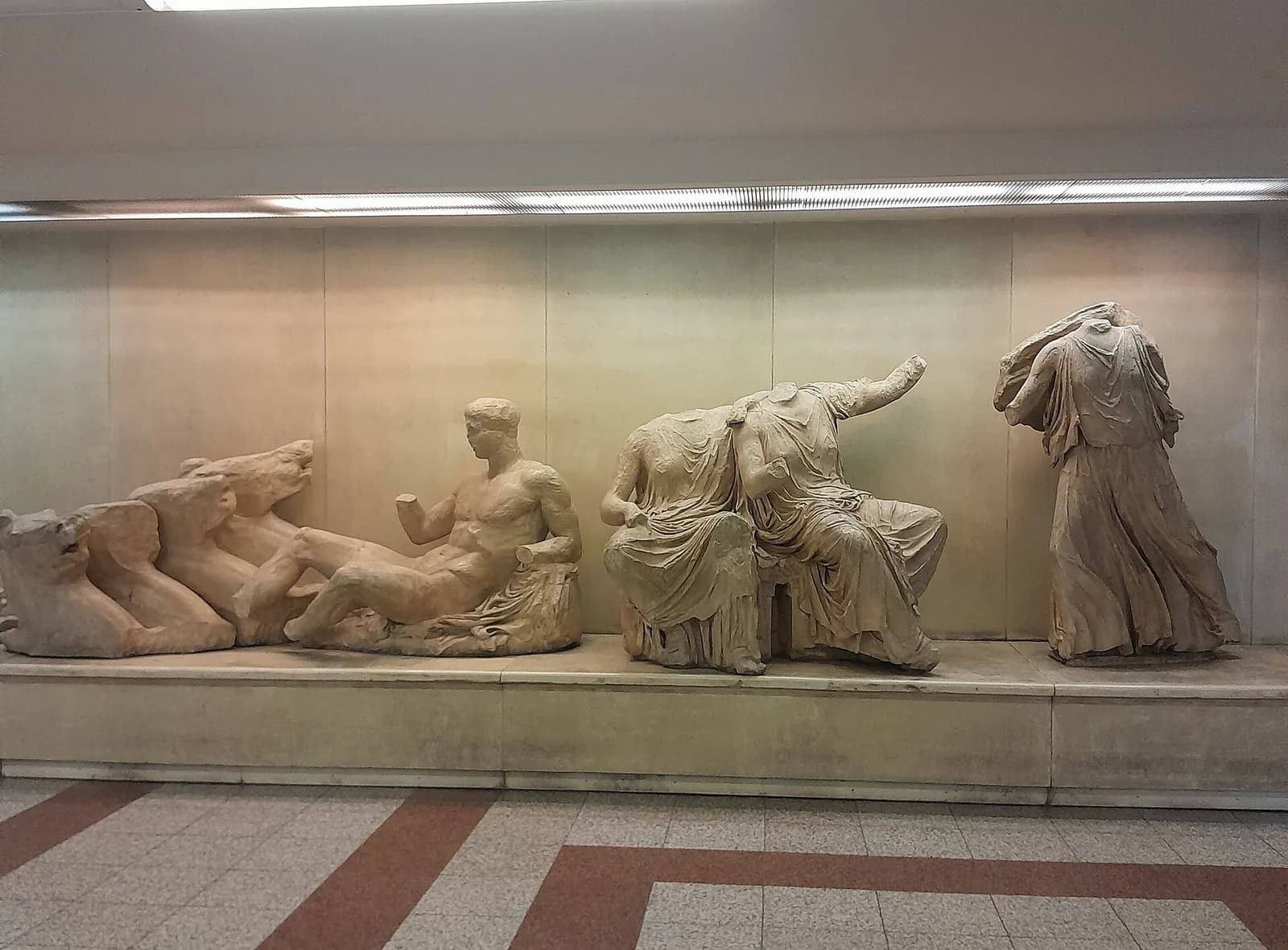 Replicas of Parthenon pediment sculptures on display inside Akropoli metro station, Athens