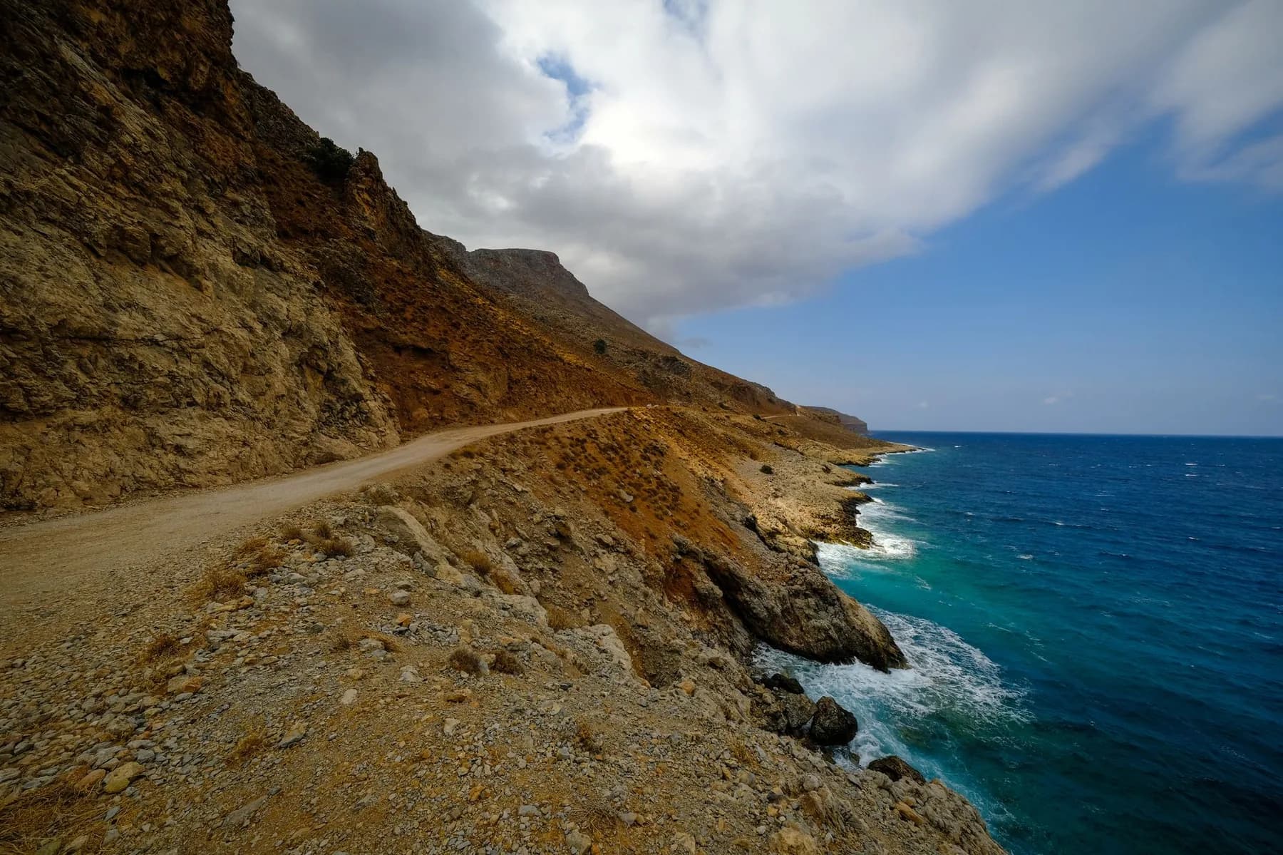 An unsurfaced single-track road on Crete cut into a bare cliff face high above the sea, with no barrier on the seaward edge