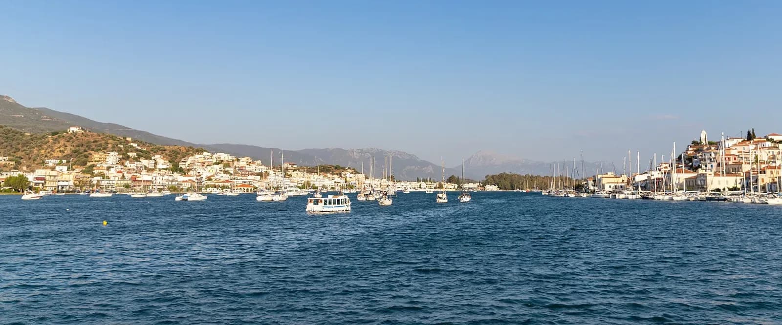 The narrow strait between Galatas on the Peloponnese coast and Poros town, with the shuttle boat crossing between them