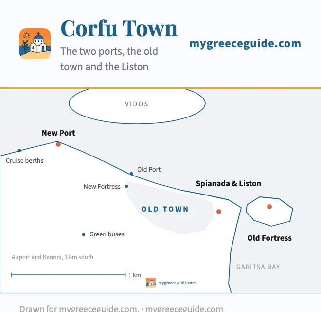 Plan of Corfu Town: the new port for ferries to Italy and Igoumenitsa on the north-west shore, the cruise terminal beyond it, the old port below the New Fortress, the walled old town between the two fortresses, the Spianada esplanade and the Liston, the Old Fortress on its own islet to the east, Garitsa Bay to the south and Vidos island offshore to the north.