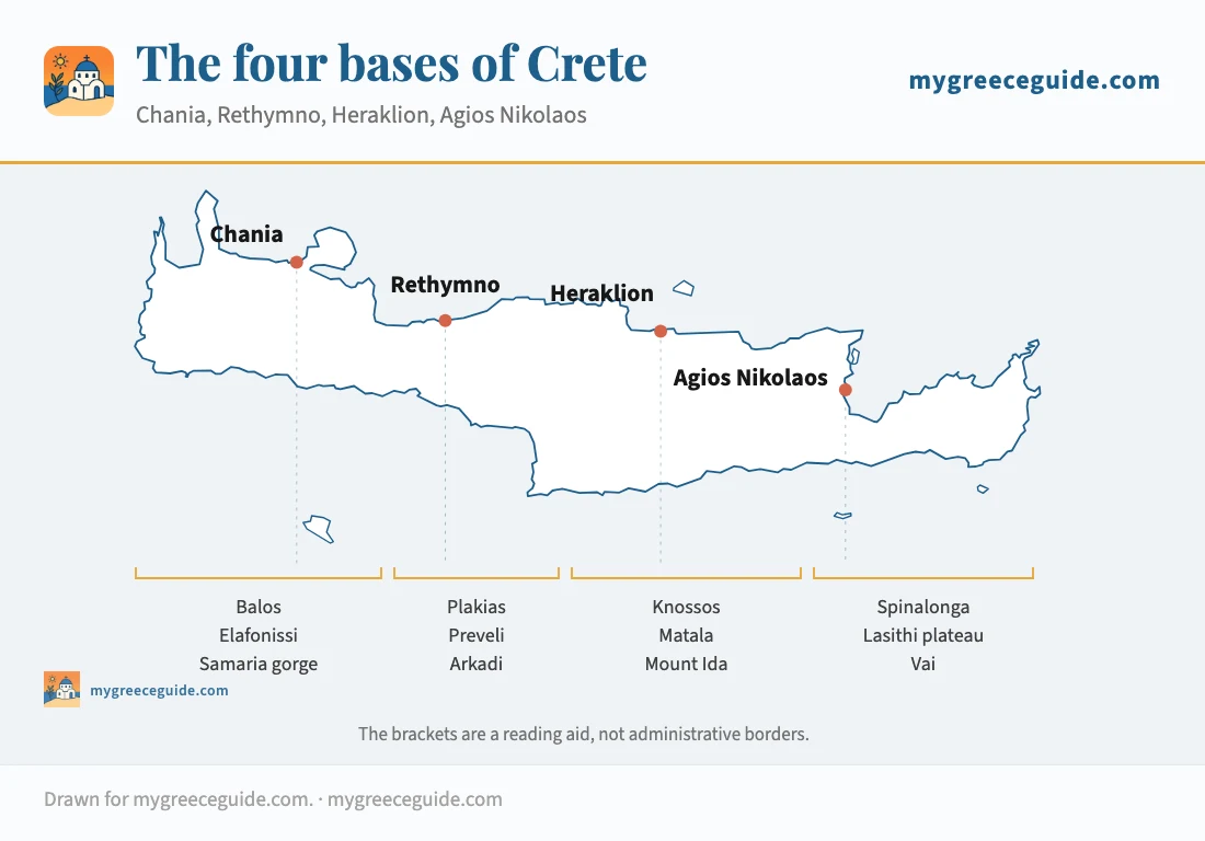Crete divided into four bases from west to east: Chania, Rethymno, Heraklion and Agios Nikolaos, each with the sites it puts within about an hour's drive.