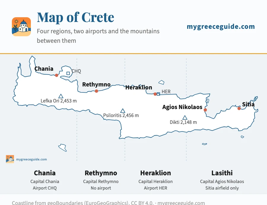 Crete divided into its four regional units from west to east: Chania, Rethymno, Heraklion and Lasithi, with each capital, the two international airports and the three mountain massifs that the internal borders run over.