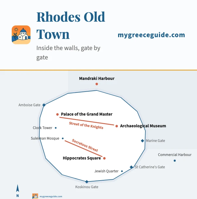 Schematic plan of Rhodes Old Town: the Palace of the Grand Master in the north-west, the Street of the Knights running east to the Archaeological Museum, Socratous Street climbing from Hippocrates Square to the Suleiman Mosque, Mandraki Harbour to the north and the commercial harbour outside the Marine Gate to the east.