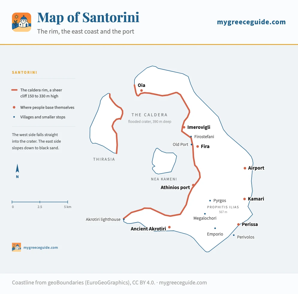 Map of Santorini showing the crescent of the main island around a flooded crater, with Oia at the northern tip, Imerovigli, Firostefani and Fira strung along the caldera cliff on the west side, Athinios ferry port at the foot of that cliff, the airport, Kamari, Perissa and Perivolos on the gentle east and south coasts, Ancient Akrotiri and the lighthouse on the south-west peninsula, the island of Thirasia across the water and the volcanic islet of Nea Kameni in the middle.