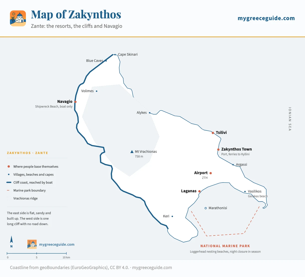 Map of Zakynthos, also called Zante, showing Zakynthos Town, the port and the airport on the east side, Tsilivi and Alykes north of the town, Laganas and Argassi south of it, the Vasilikos peninsula in the south-east, Keri in the south-west, and on the west coast Navagio or Shipwreck Beach, Volimes, the Blue Caves and Cape Skinari at the northern tip.